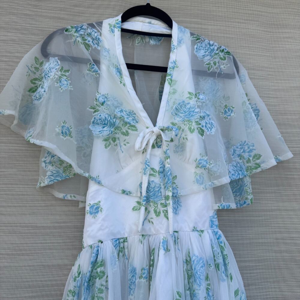Vintage Floral Halter Maxi Dress with Sheer Cape Romantic Satin Gown Low Back XS - Picture 2 of 10